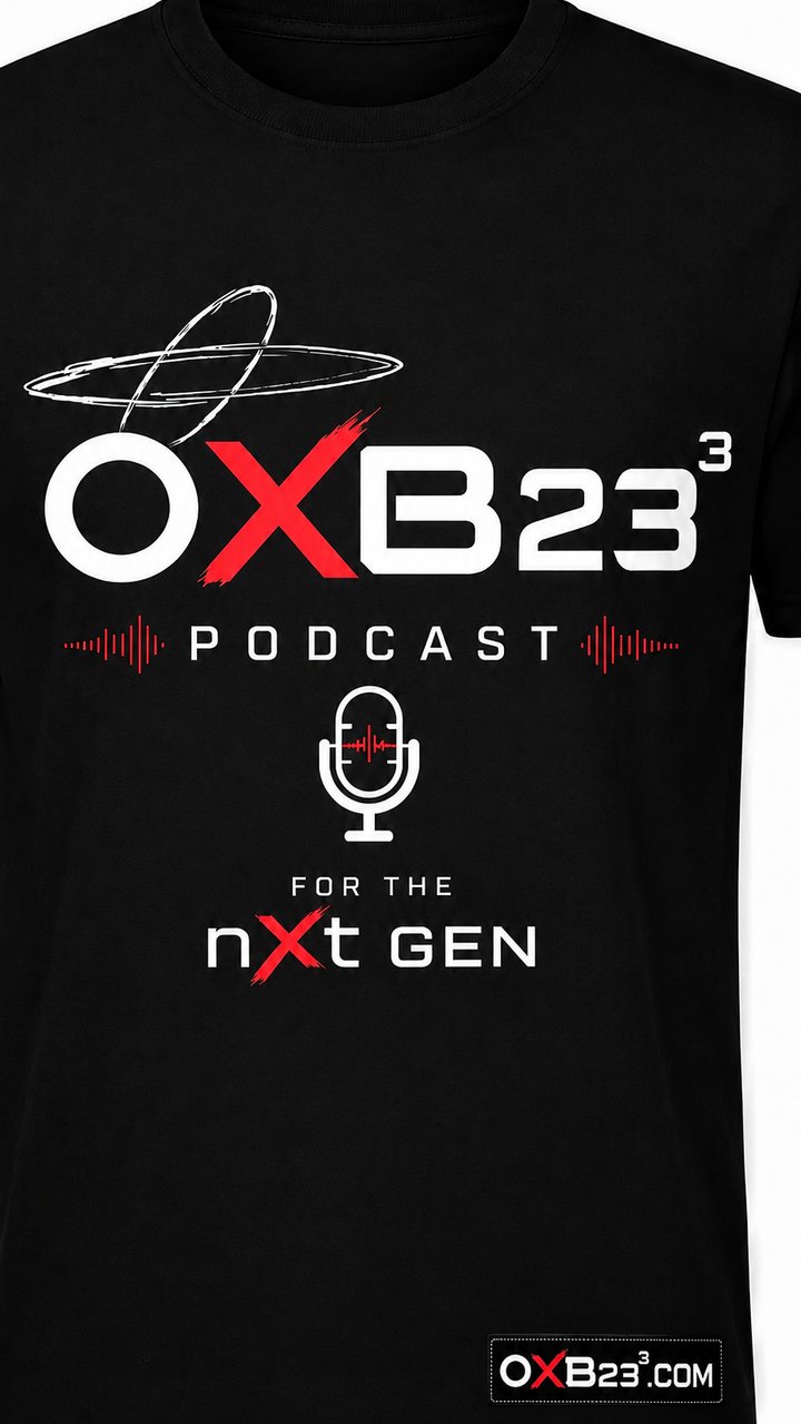 Black OXB23³ Podcast T-shirt with the halo logo and For the nXt Gen